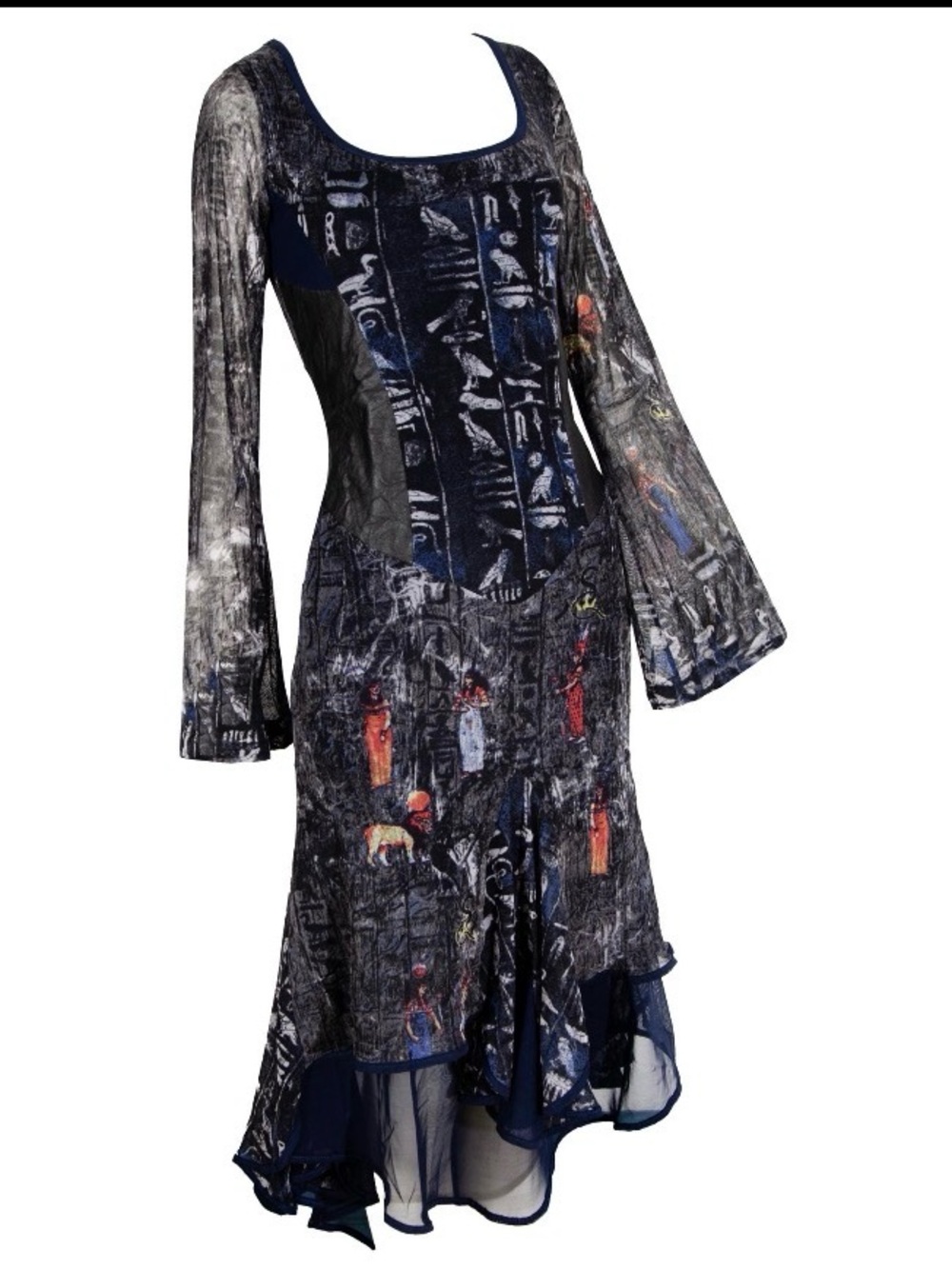 Save the Queen! Italian Mesh Dress Egyptian Hieroglyphic Print Asymmetrical Hem